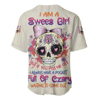 Cream baseball jersey with back skull graphic and colorful lettering, short sleeves