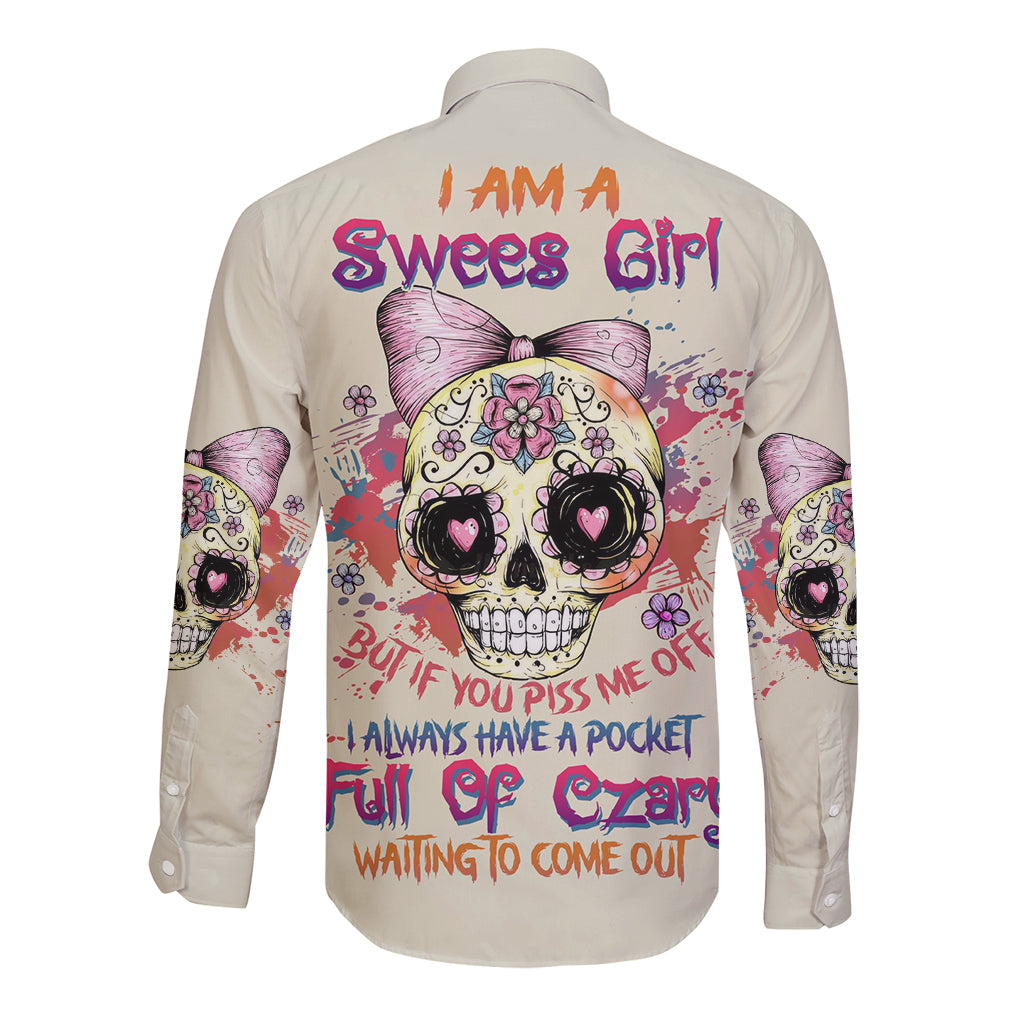 I Am A Sweet Girl Skull Long Sleeve Button Shirt - Wonder Print Shop