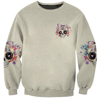 Heather gray crewneck sweatshirt with small skull graphic front and colorful sleeve prints