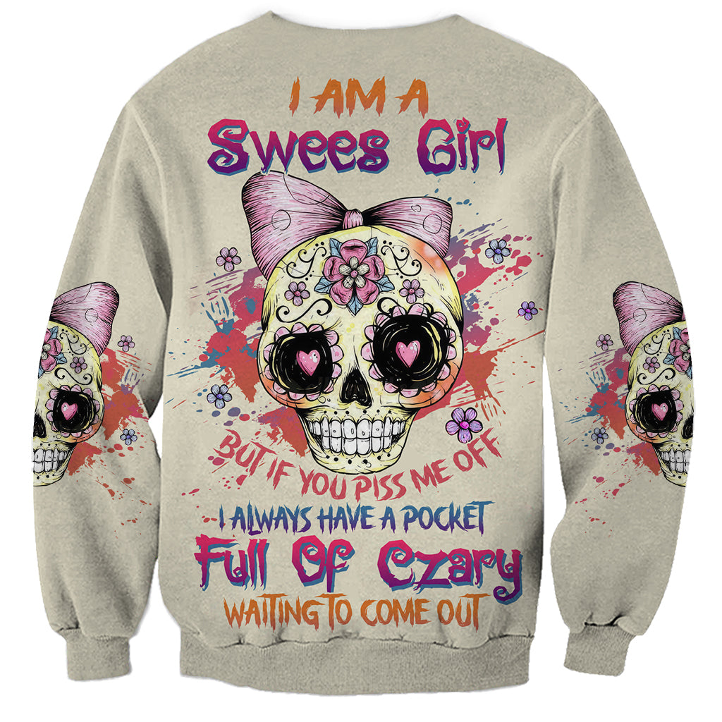 Heather gray crewneck sweatshirt with colorful skull-girl graphic on back and full sleeve prints