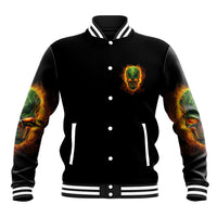 Black varsity baseball jacket with neon green and orange skull chest patch, snap buttons