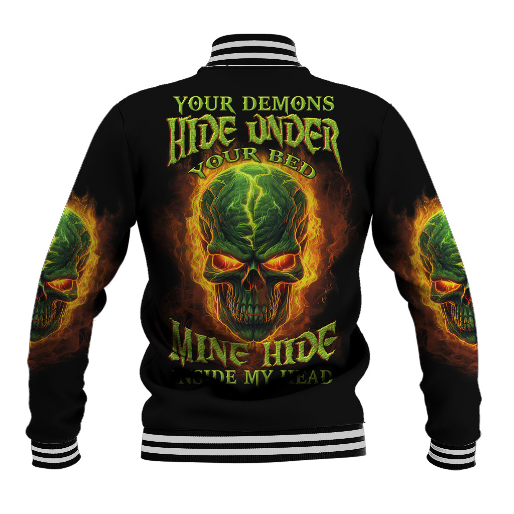 Black baseball jacket with neon green and orange skull graphic on back, striped rib trim