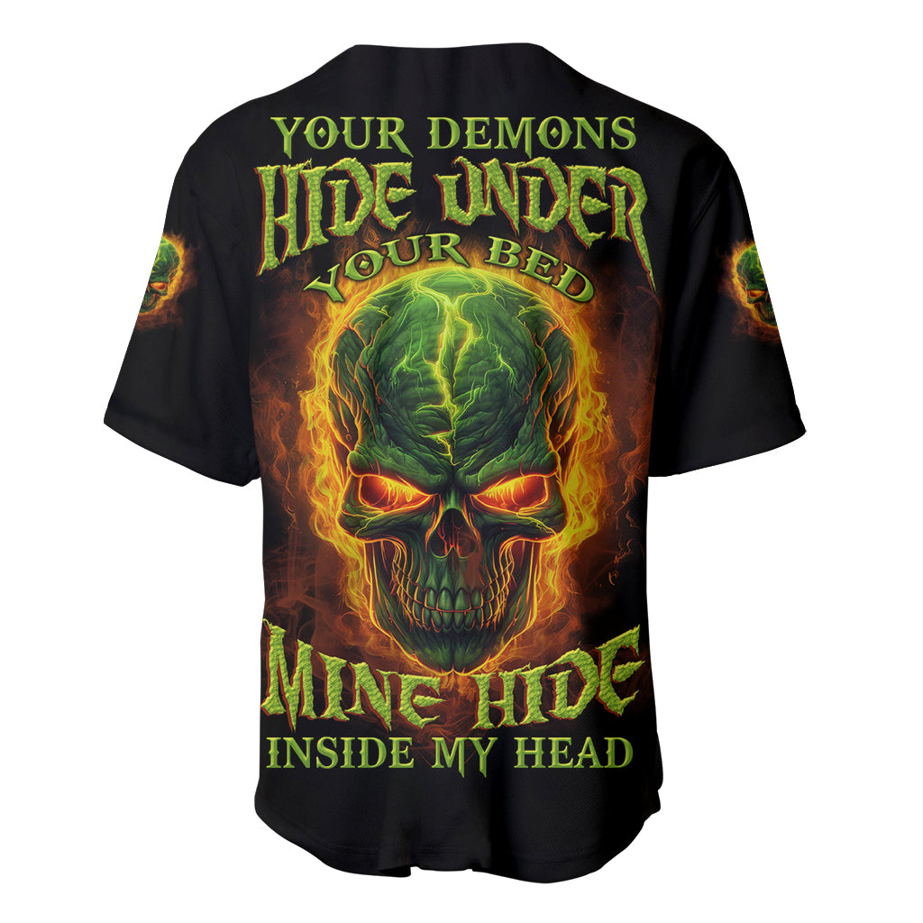 Black baseball jersey with V-neck and button placket, multicolor demon skull graphic back