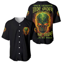 Black baseball jersey with V-neck button front and multicolor demon skull graphic, front and back