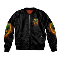 Black bomber jacket with front zipper and ribbed trim, front skull graphic with flames
