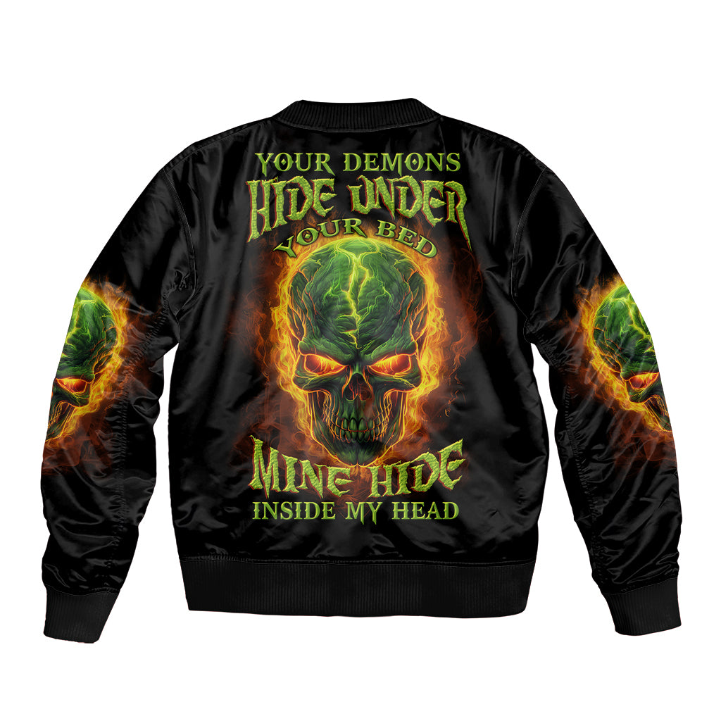 Black bomber jacket with ribbed collar and large skull graphic with flames