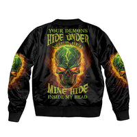Black bomber jacket with ribbed collar and large skull graphic with flames