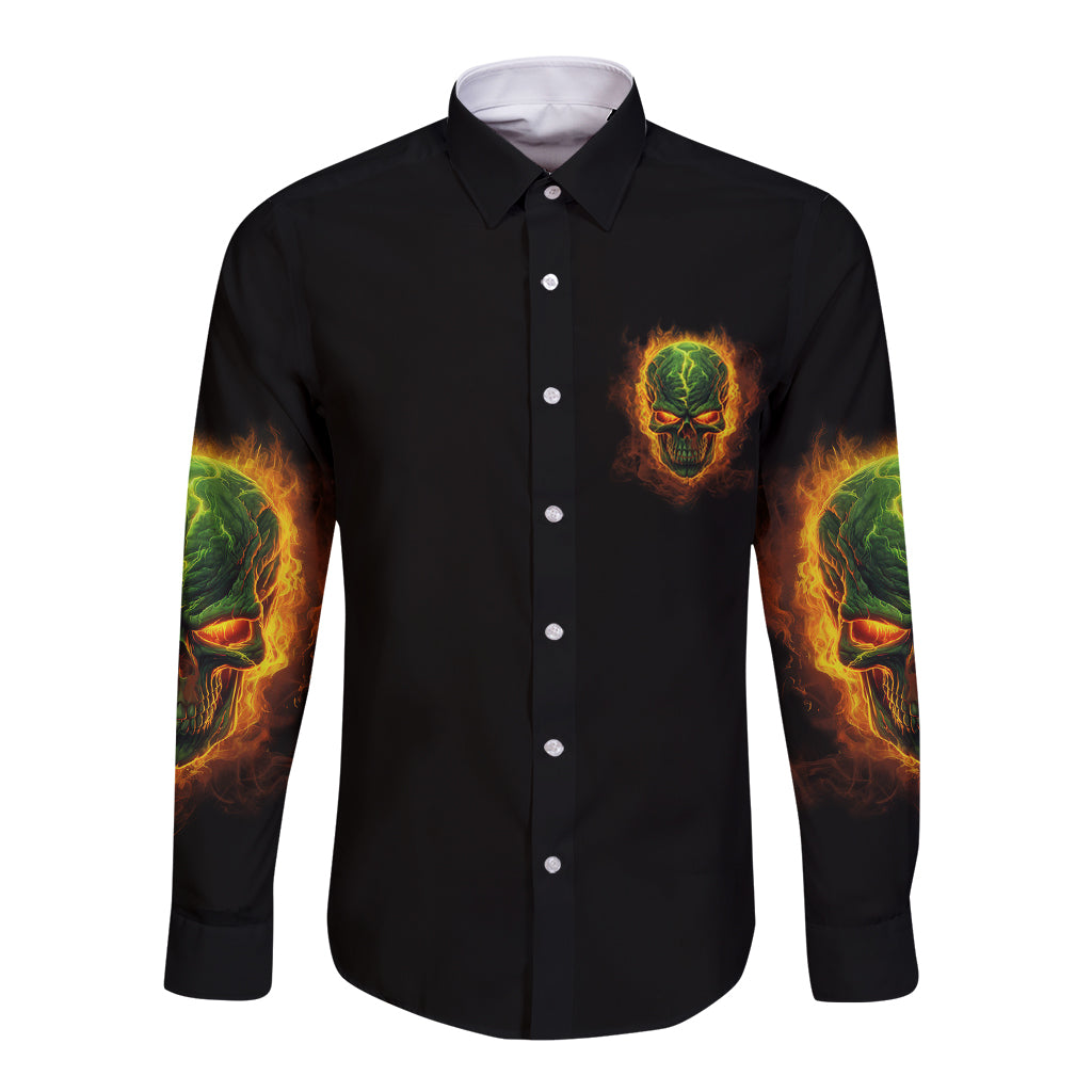 Black long-sleeve button shirt with green-orange skull logo pocket and sleeve prints