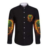 Black long-sleeve button shirt with green-orange skull logo pocket and sleeve prints