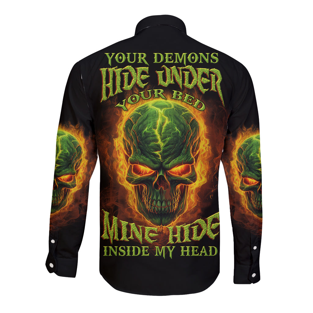 Black long-sleeve button shirt with skull under-bed graphic, full back print