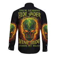 Black long-sleeve button shirt with skull under-bed graphic, full back print