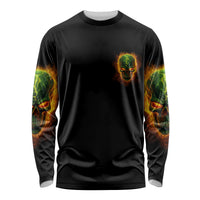 Unisex black long-sleeve shirt with small skull chest print and green-orange flame sleeves