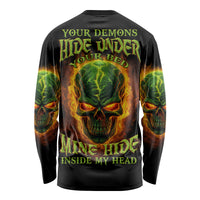 Unisex black long-sleeve shirt, back graphic skull with green and orange flames and text