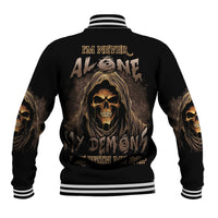 Black varsity baseball jacket with skull reaper graphic on back and striped ribbing