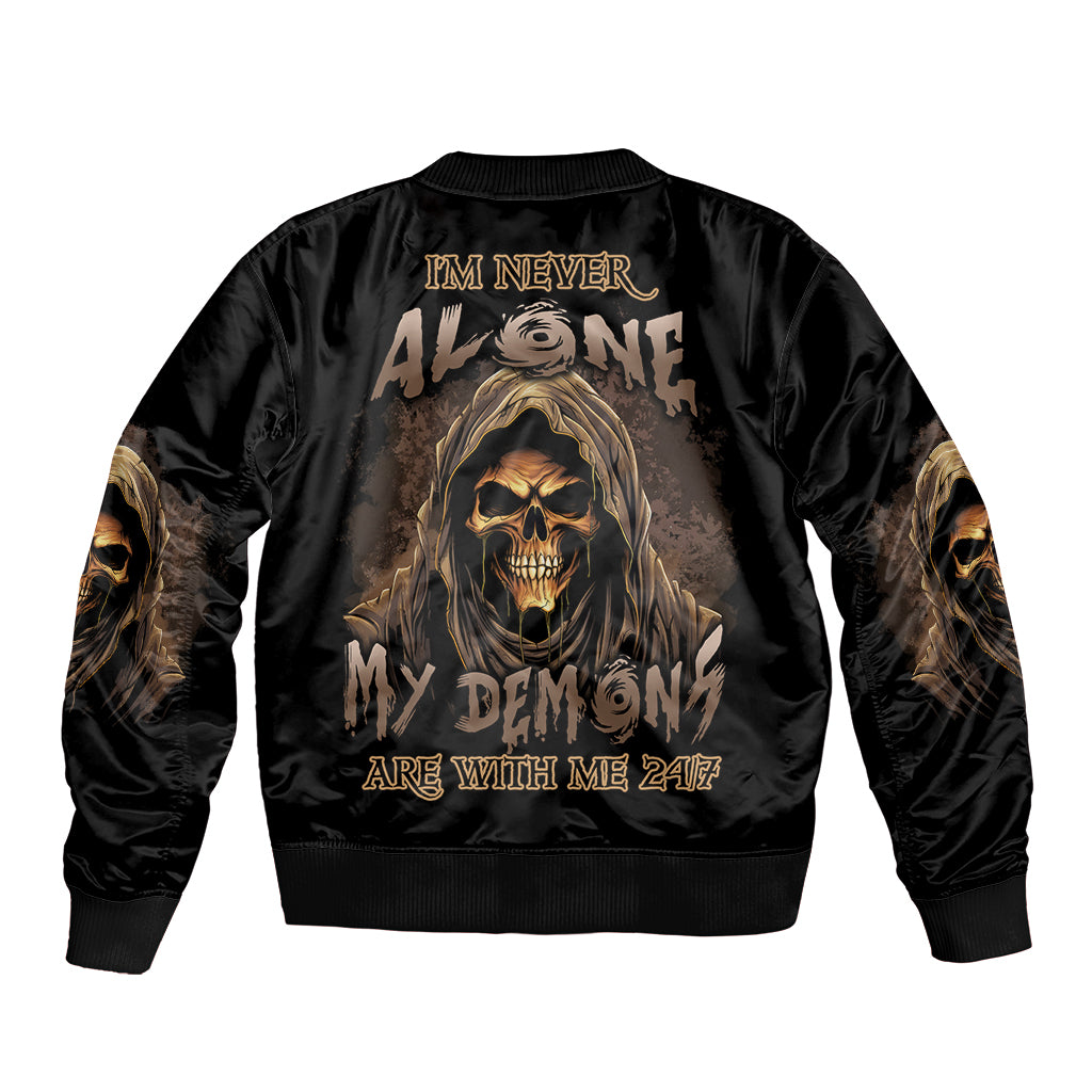 Black satin bomber jacket with hooded skull back graphic, ribbed cuffs and hem