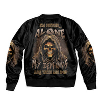 Black satin bomber jacket with hooded skull back graphic, ribbed cuffs and hem