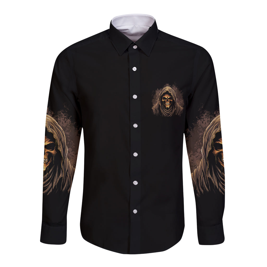Long sleeve button-up shirt with skull reaper front print and partial sleeve graphics, black