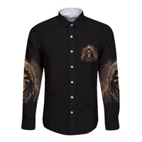 Long sleeve button-up shirt with skull reaper front print and partial sleeve graphics, black