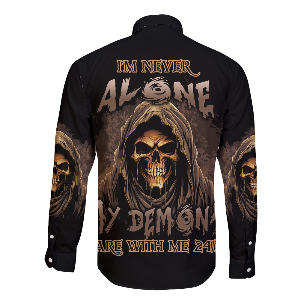Long sleeve button-up shirt with large back skull-and-reaper graphic, black