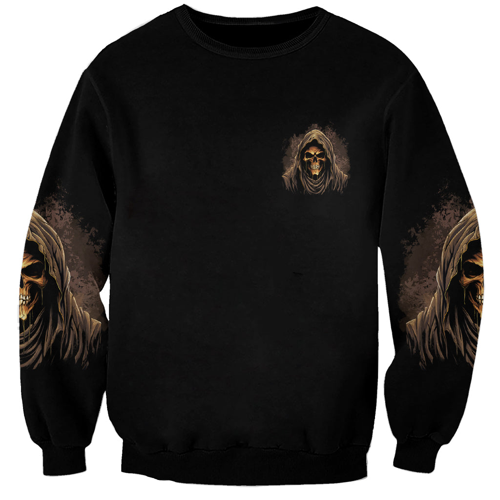 Dark reaper skull sweatshirt with small chest graphic and brown skull sleeve prints