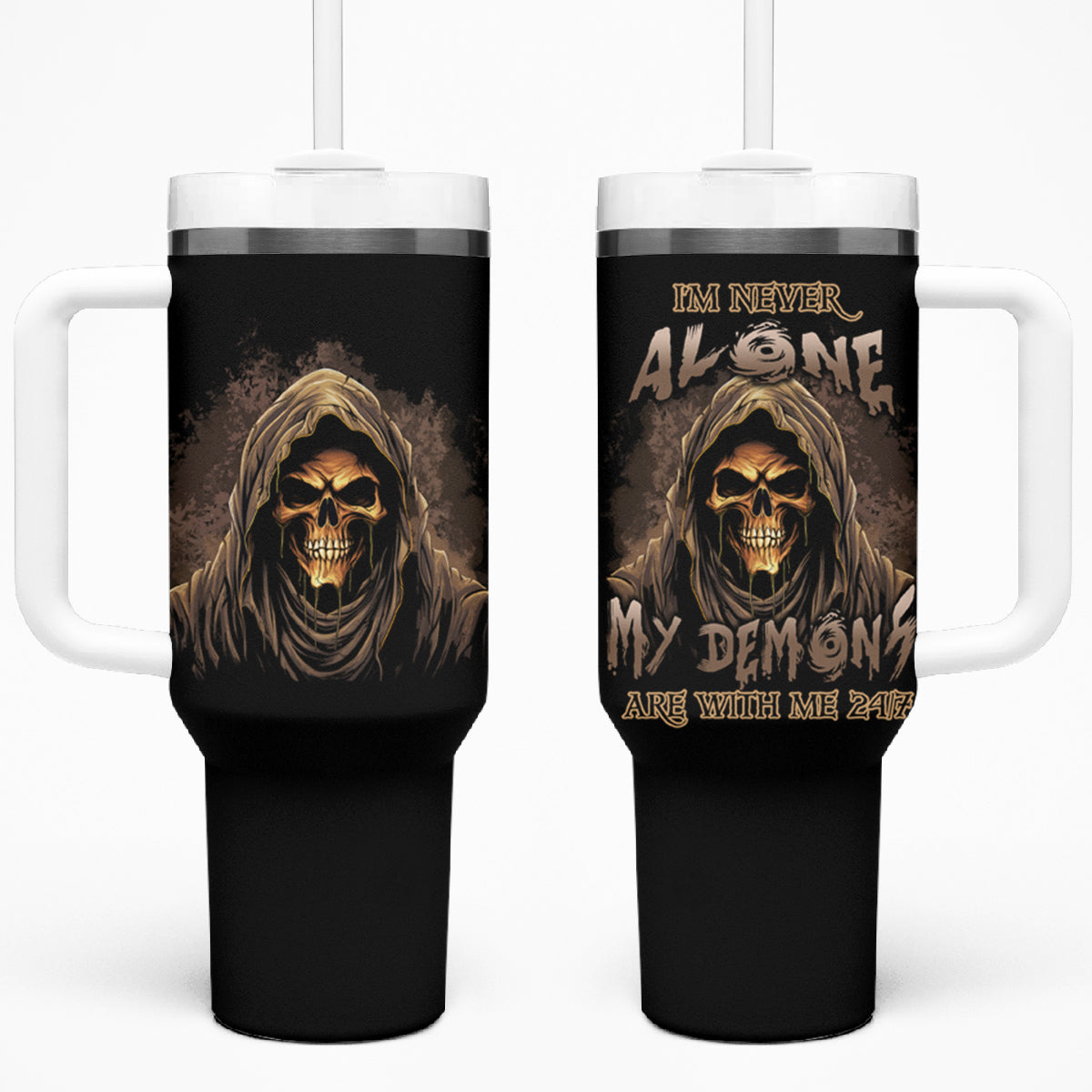 I'm Never Alone Skull Reaper Tumbler With Handle