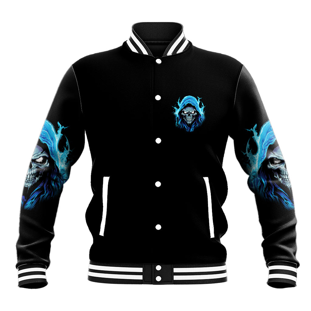Black varsity baseball jacket with blue skull emblem, snap buttons, and striped ribbed cuffs
