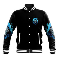 Black varsity baseball jacket with blue skull emblem, snap buttons, and striped ribbed cuffs