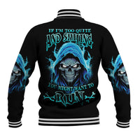 Black baseball jacket with blue skull graphic on back and striped ribbed collar cuffs