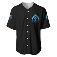 Black baseball jersey with white button front and small blue skull chest graphic