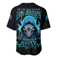 Black baseball jersey with blue skull and flames graphic on back
