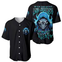 Pair of black baseball jerseys with blue skull graphic, front and back views