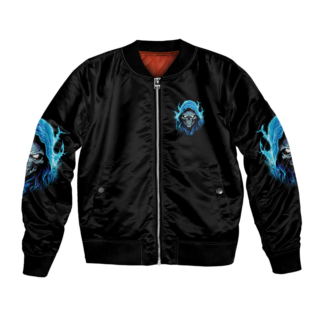 Black unisex bomber jacket with front zipper and blue skull graphic on chest