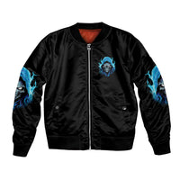 Black unisex bomber jacket with front zipper and blue skull graphic on chest