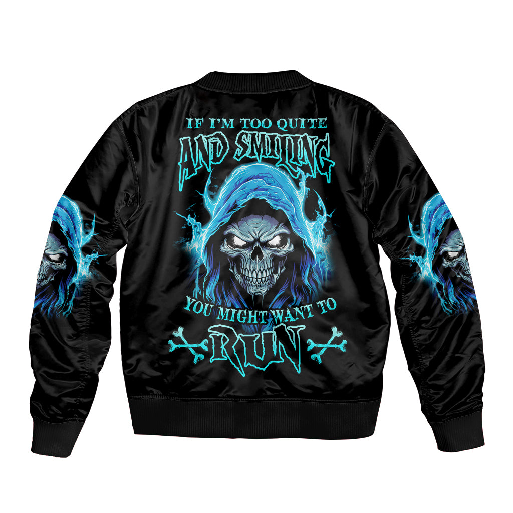 Black unisex bomber jacket with blue skull graphic and neon text on back