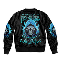 Black unisex bomber jacket with blue skull graphic and neon text on back
