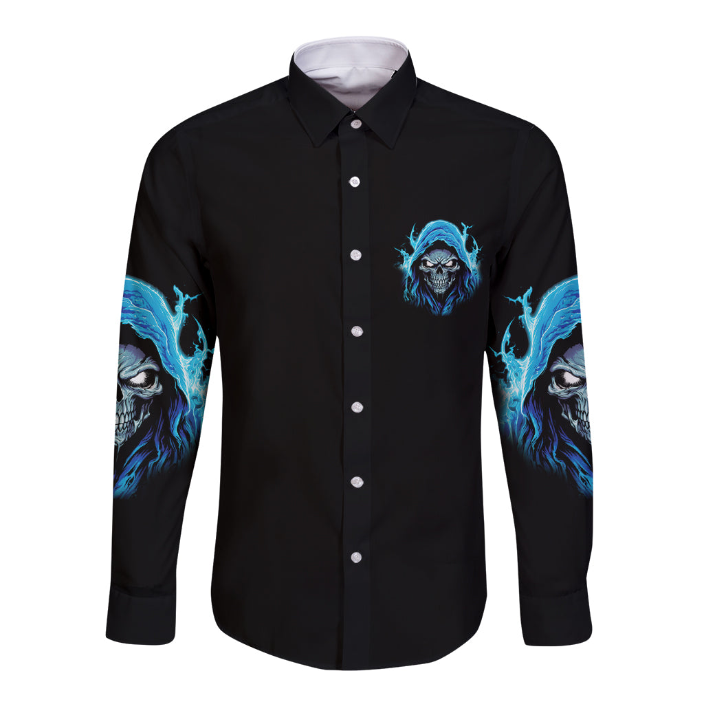 Unisex long-sleeve button shirt, black with blue skull graphic on chest