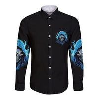 Unisex long-sleeve button shirt, black with blue skull graphic on chest