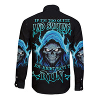 Unisex long-sleeve button shirt, black with blue skull graphic on back