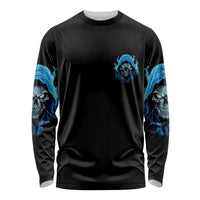 Unisex long-sleeve shirt in black with small blue skull front graphic