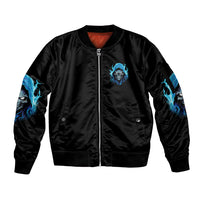 Unisex black zip bomber jacket with blue skull chest graphic and ribbed cuffs