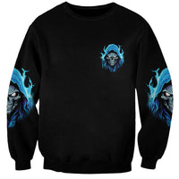 Unisex black sweatshirt with small blue skull emblem and blue side skull prints