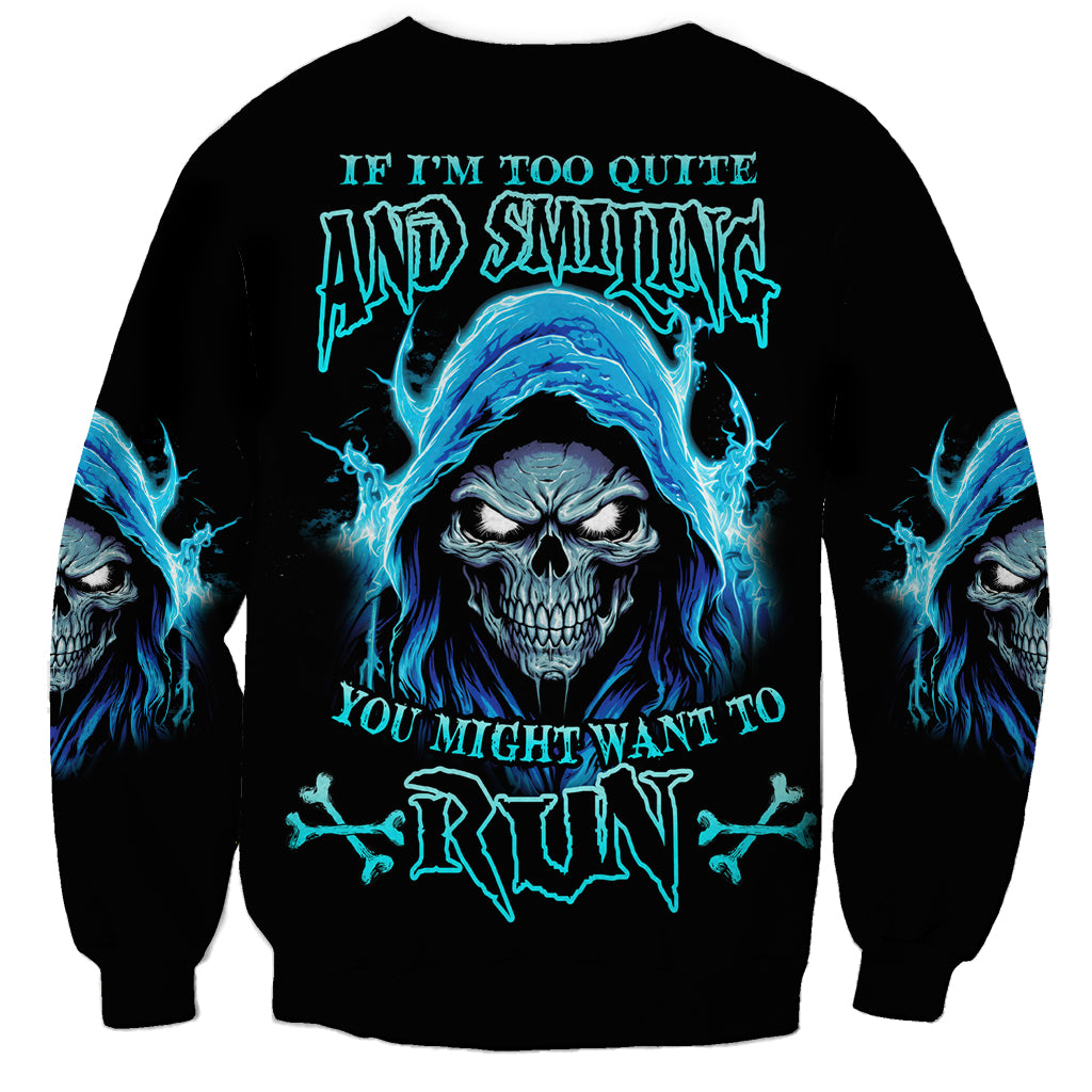 Unisex black sweatshirt with blue skull graphic and stylized text on front