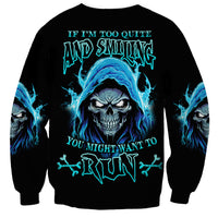 Unisex black sweatshirt with blue skull graphic and stylized text on front