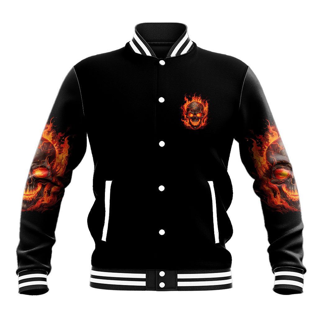 Black varsity baseball jacket, front flame emblem, snap-button front, striped cuffs