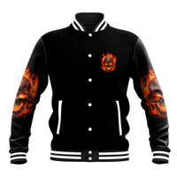 Black varsity baseball jacket, front flame emblem, snap-button front, striped cuffs