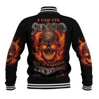 Black baseball jacket, back flame skull graphic with striped collar and cuffs