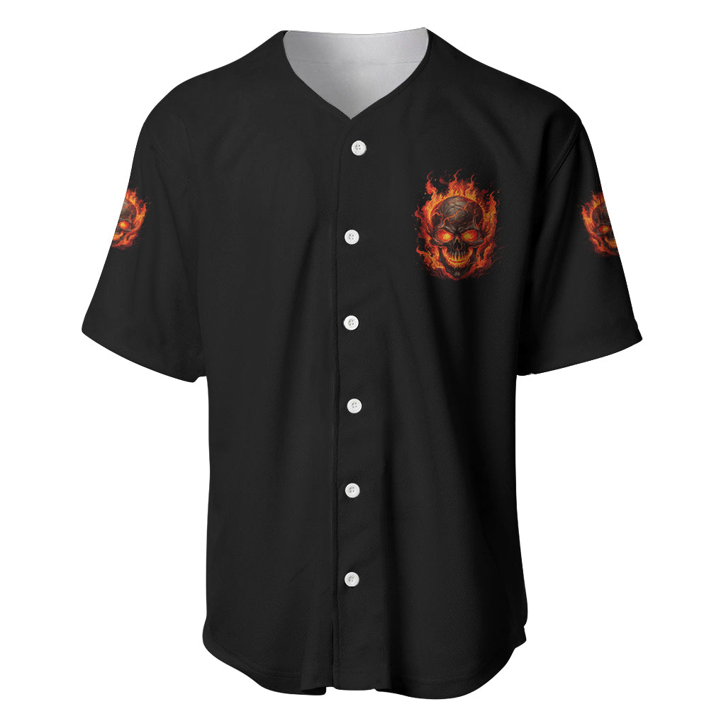 Black button-front baseball jersey with small flaming skull logo on chest