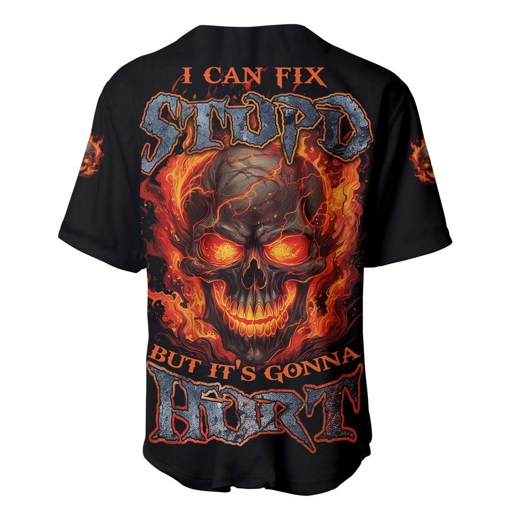 Black baseball jersey with back flaming skull graphic and 'It's gonna hurt' text
