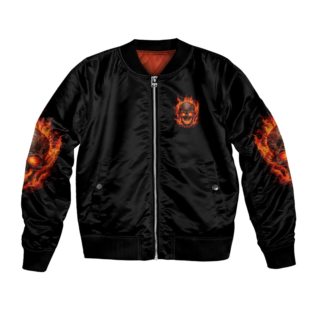 Black bomber jacket with front zipper, glowing skull chest patch and orange flame sleeves