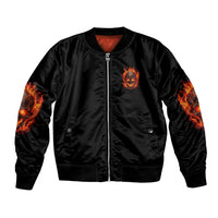 Black bomber jacket with front zipper, glowing skull chest patch and orange flame sleeves